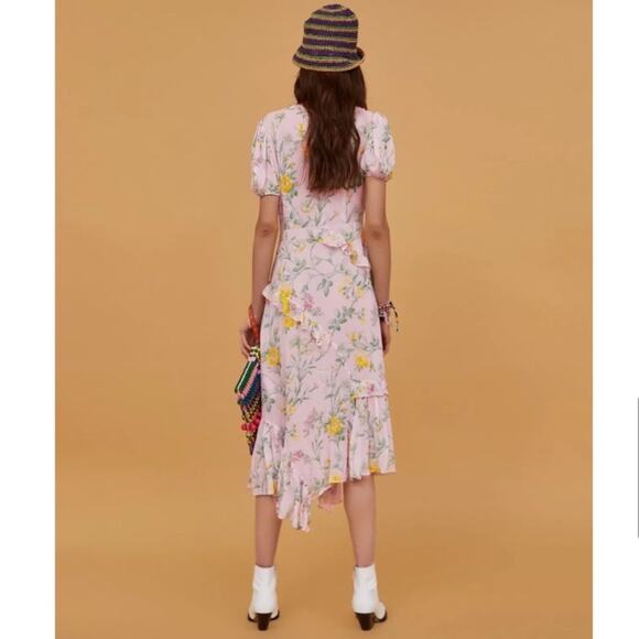 Zara Light Pink Floral Ruffle Asymmetrical Slit Midi‎ Dress Size S - Picture 2 of 12